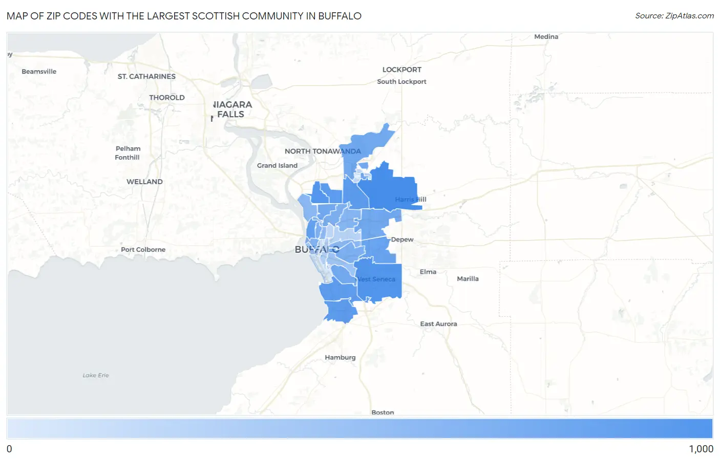 Zip Codes with the Largest Scottish Community in Buffalo Map
