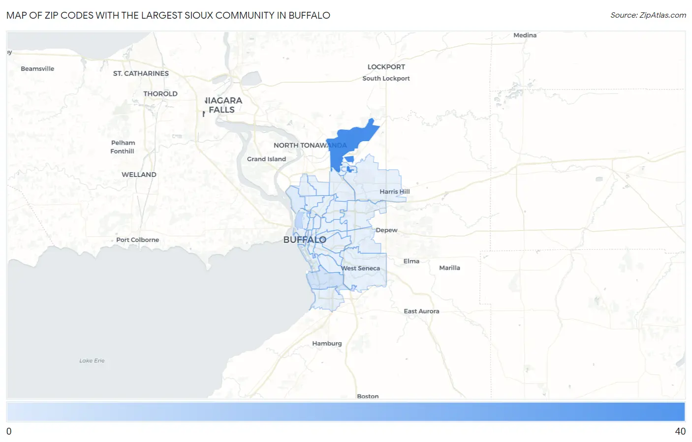 Zip Codes with the Largest Sioux Community in Buffalo Map