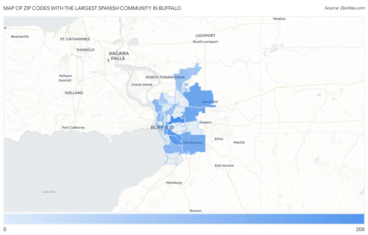 Zip Codes with the Largest Spanish Community in Buffalo Map