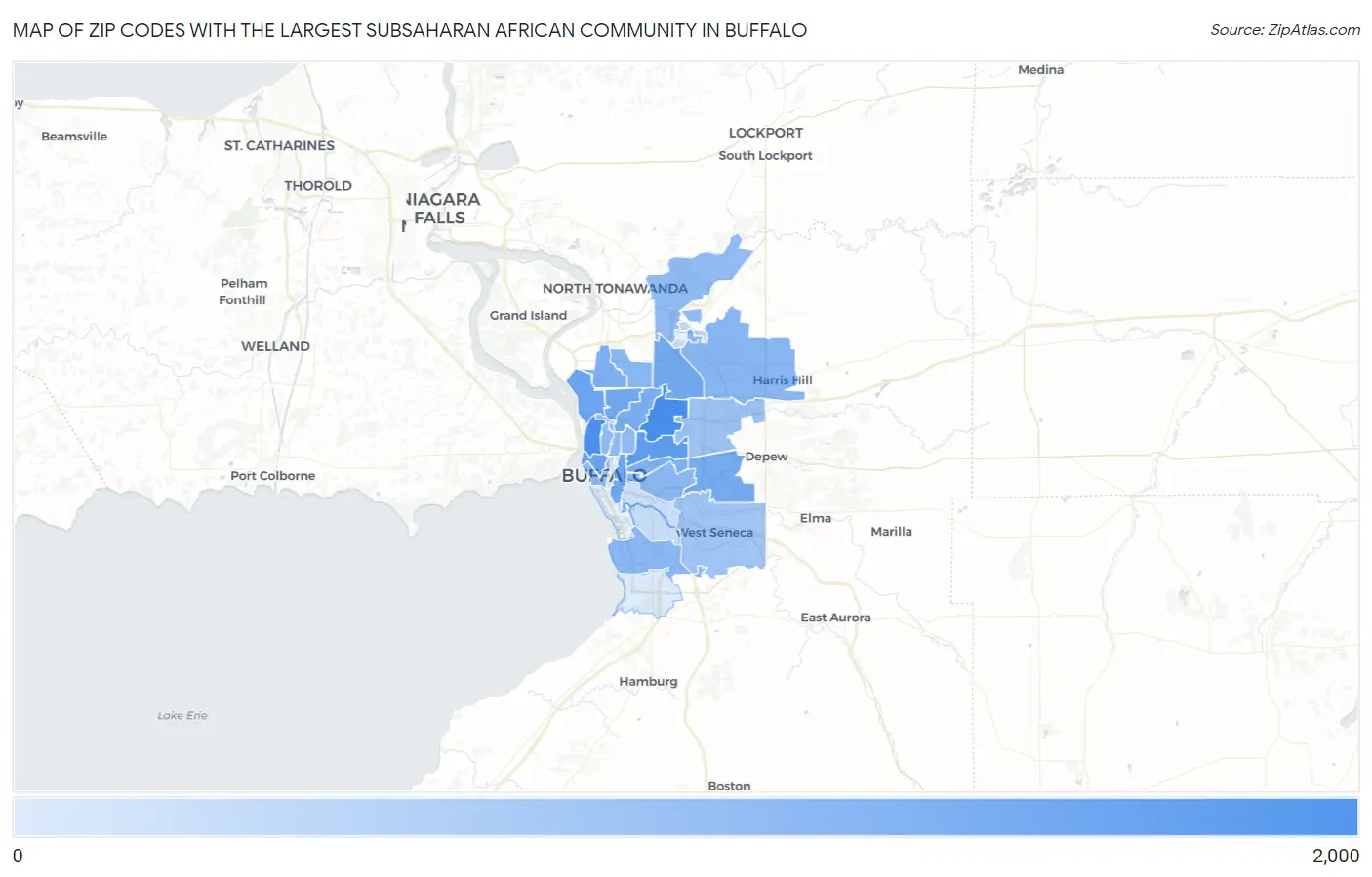 Zip Codes with the Largest Subsaharan African Community in Buffalo Map