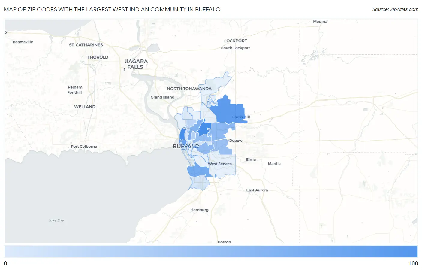 Zip Codes with the Largest West Indian Community in Buffalo Map