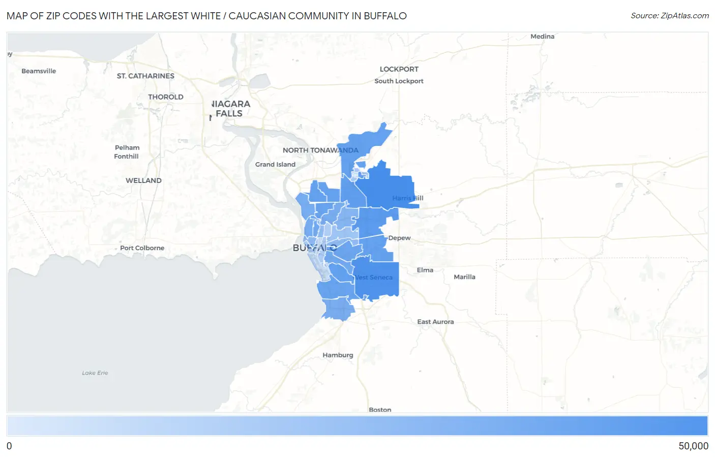 Zip Codes with the Largest White / Caucasian Community in Buffalo Map