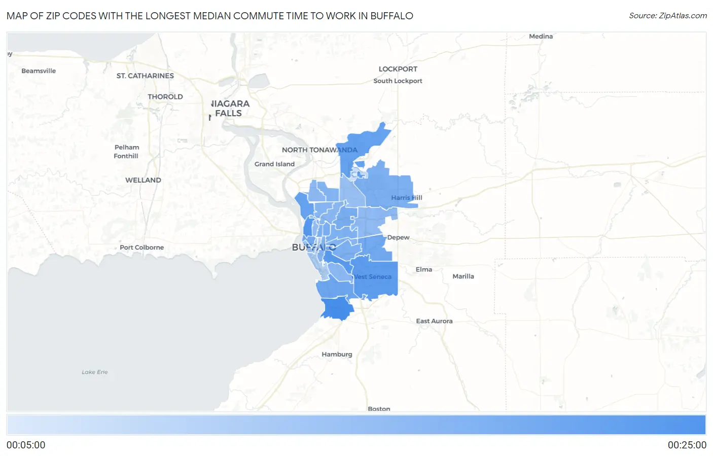 Zip Codes with the Longest Median Commute Time to Work in Buffalo Map