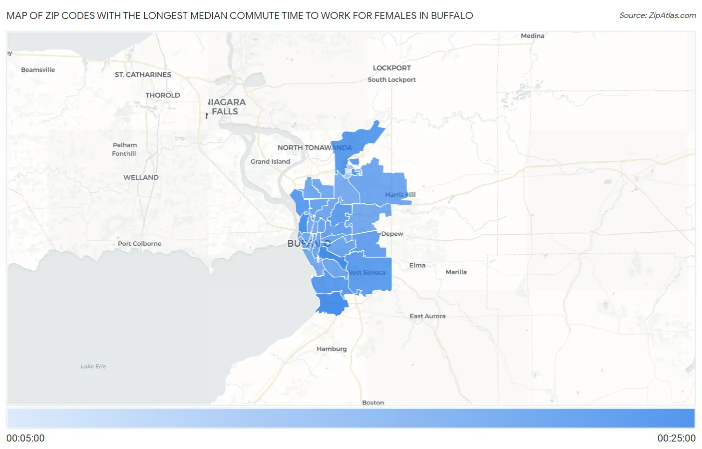 Zip Codes with the Longest Median Commute Time to Work for Females in Buffalo Map