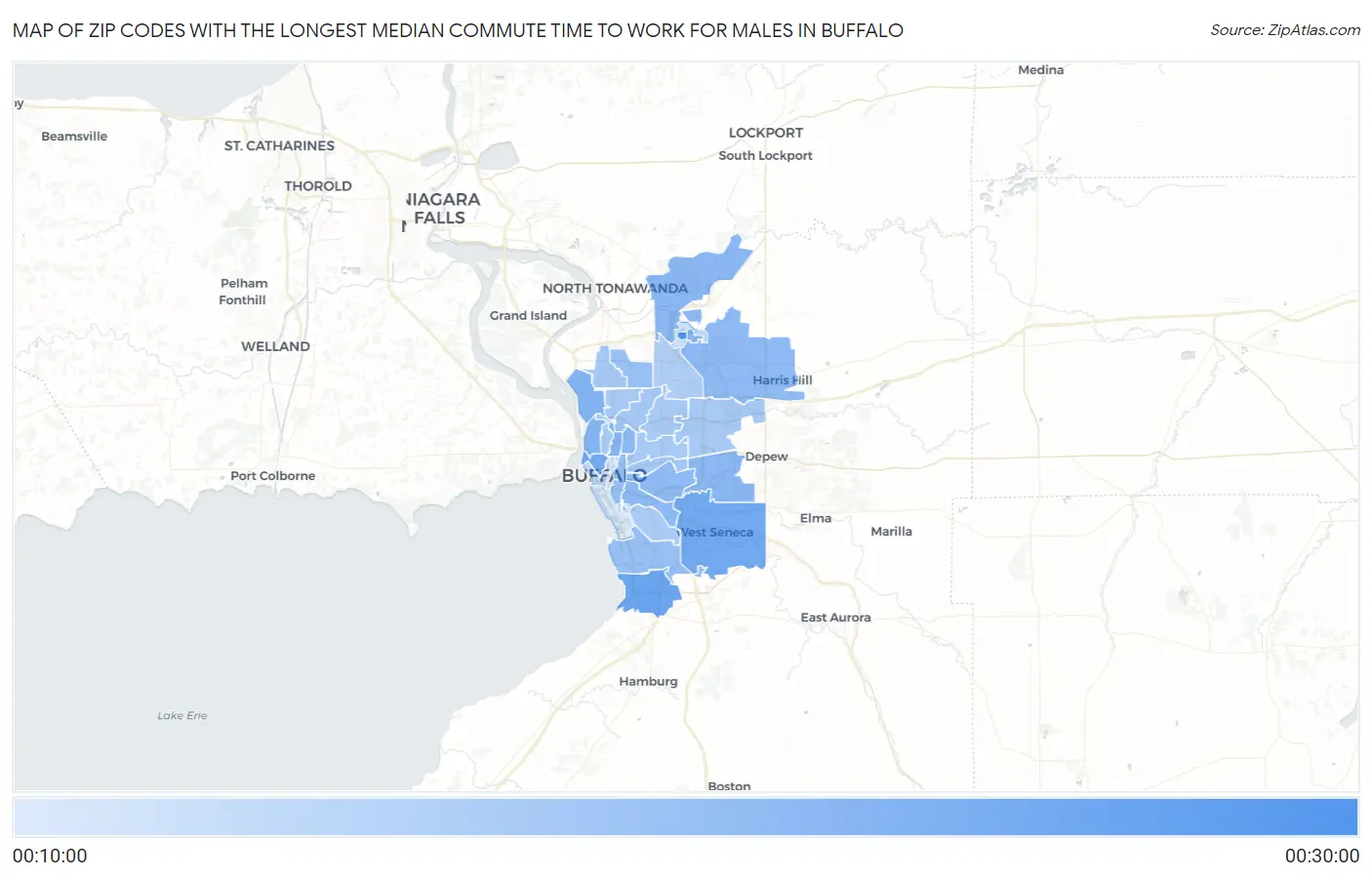 Zip Codes with the Longest Median Commute Time to Work for Males in Buffalo Map