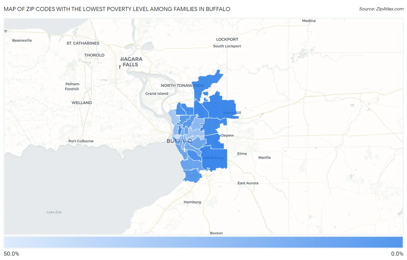 Zip Codes with the Lowest Poverty Level Among Families in Buffalo Map