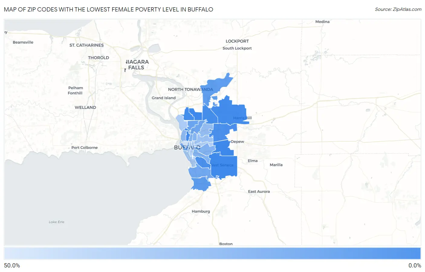 Zip Codes with the Lowest Female Poverty Level in Buffalo Map