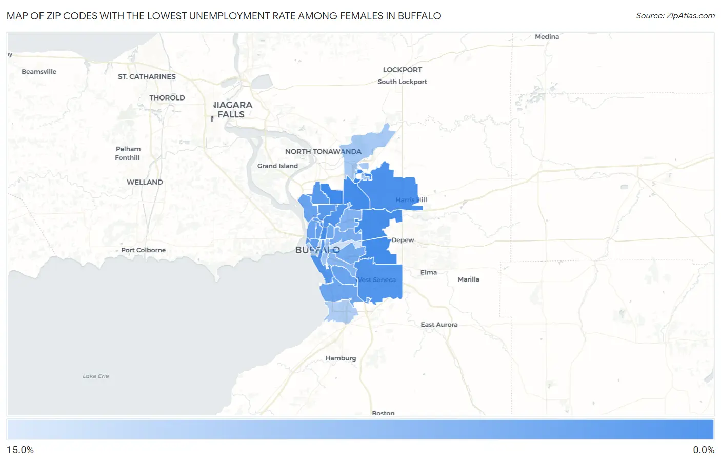 Zip Codes with the Lowest Unemployment Rate Among Females in Buffalo Map
