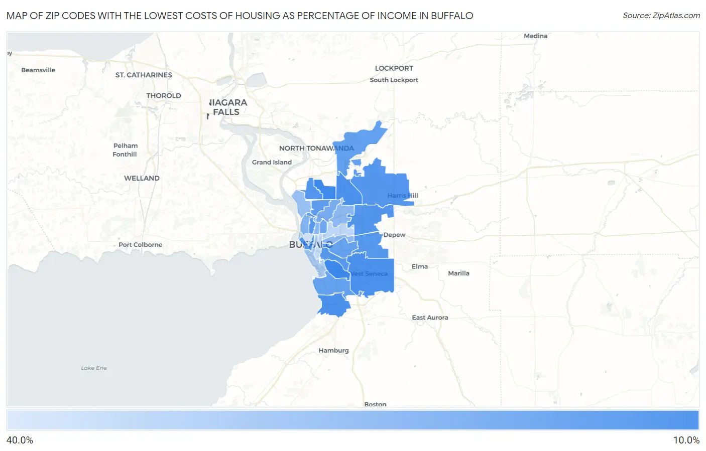 Zip Codes with the Lowest Costs of Housing as Percentage of Income in Buffalo Map
