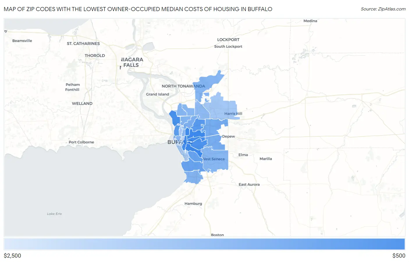 Zip Codes with the Lowest Owner-Occupied Median Costs of Housing in Buffalo Map