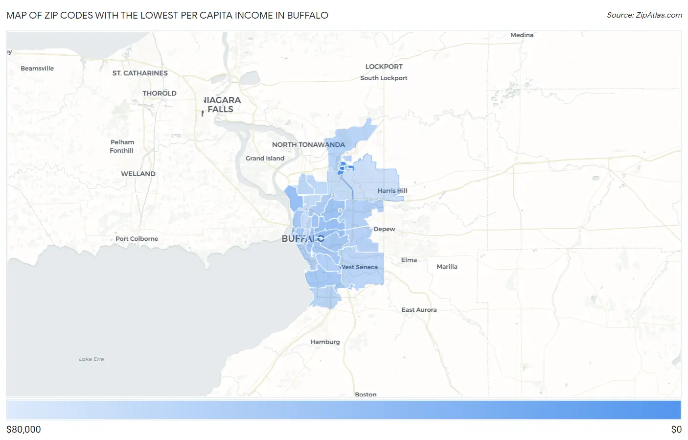 Zip Codes with the Lowest Per Capita Income in Buffalo Map