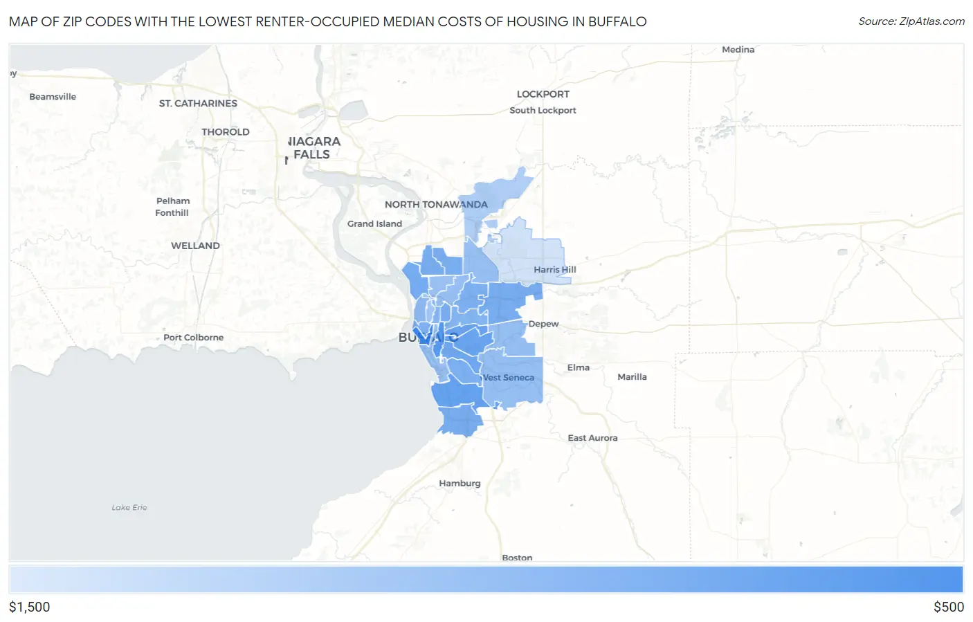 Zip Codes with the Lowest Renter-Occupied Median Costs of Housing in Buffalo Map