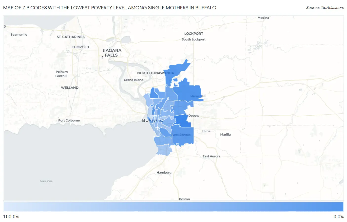 Zip Codes with the Lowest Poverty Level Among Single Mothers in Buffalo Map