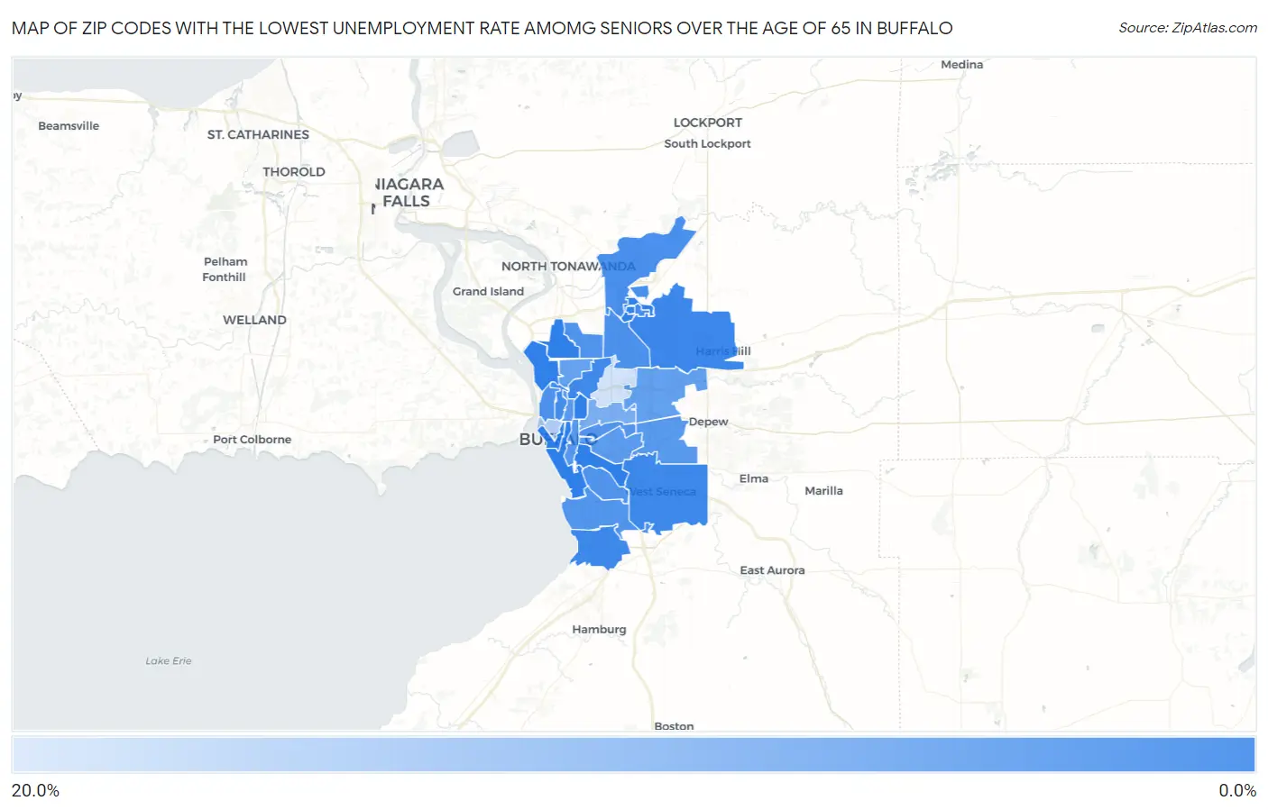 Zip Codes with the Lowest Unemployment Rate Amomg Seniors Over the Age of 65 in Buffalo Map