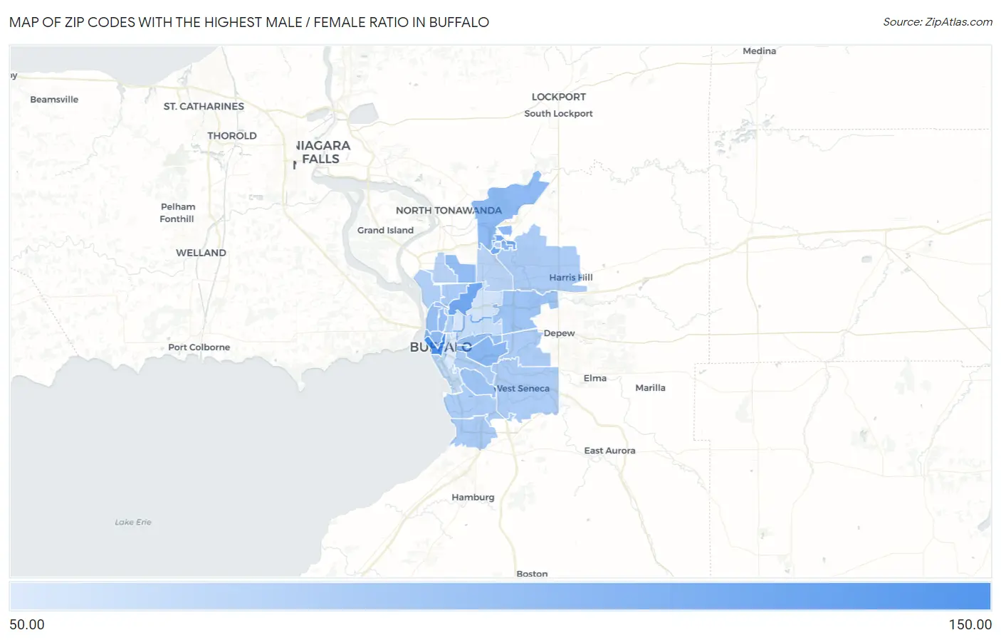 Zip Codes with the Highest Male / Female Ratio in Buffalo Map