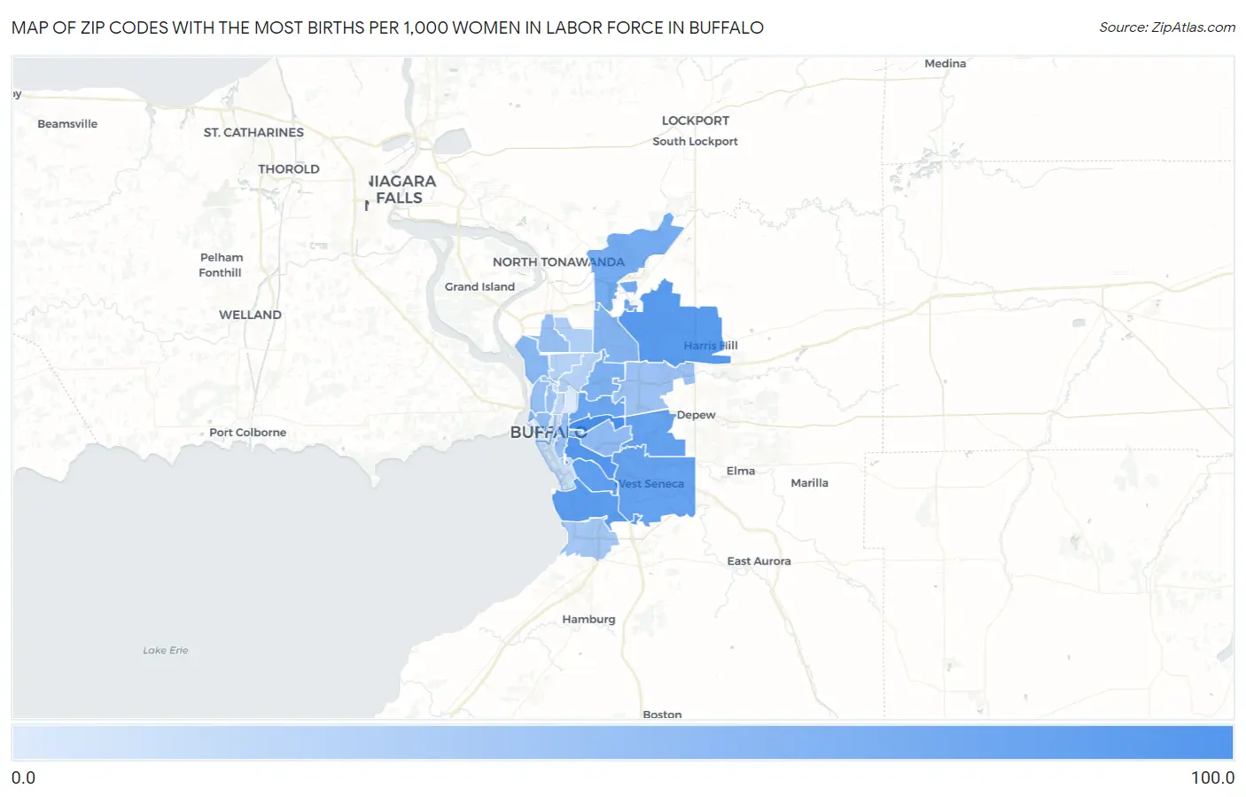Zip Codes with the Most Births per 1,000 Women in Labor Force in Buffalo Map