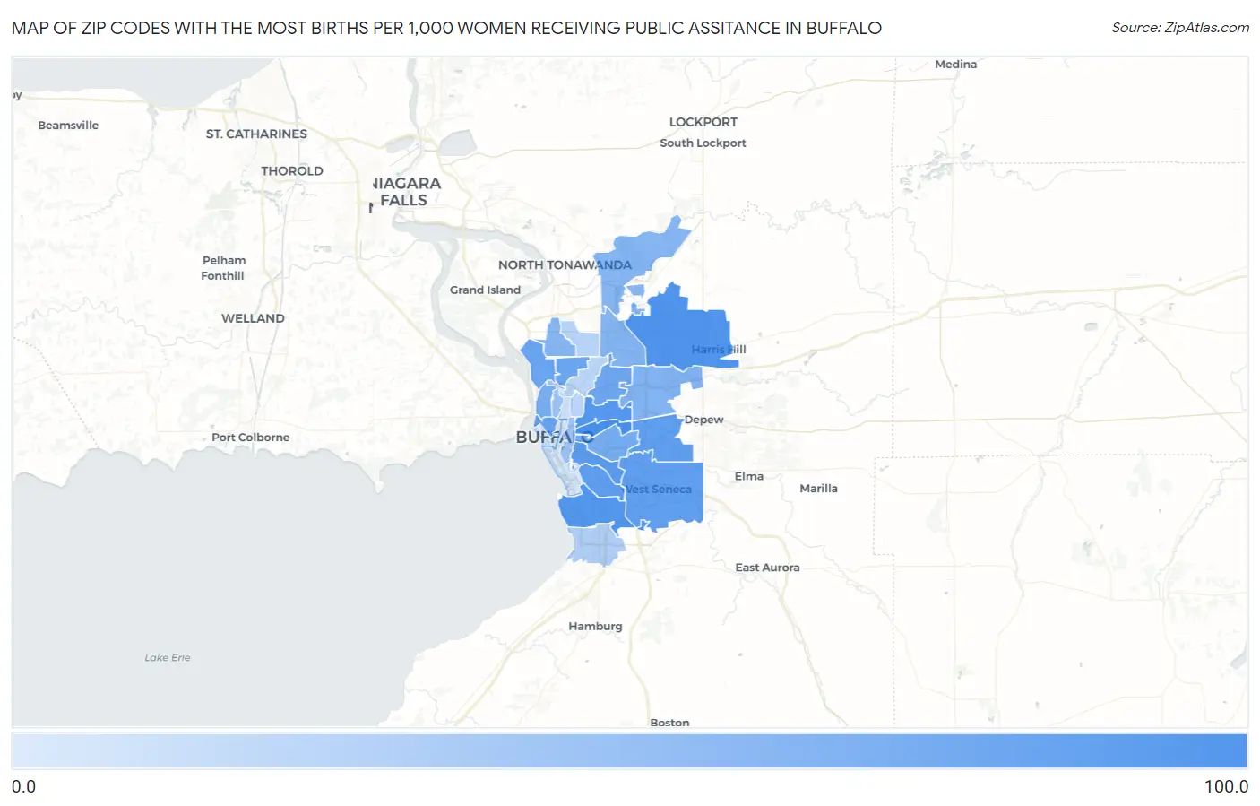 Zip Codes with the Most Births per 1,000 Women Receiving Public Assitance in Buffalo Map