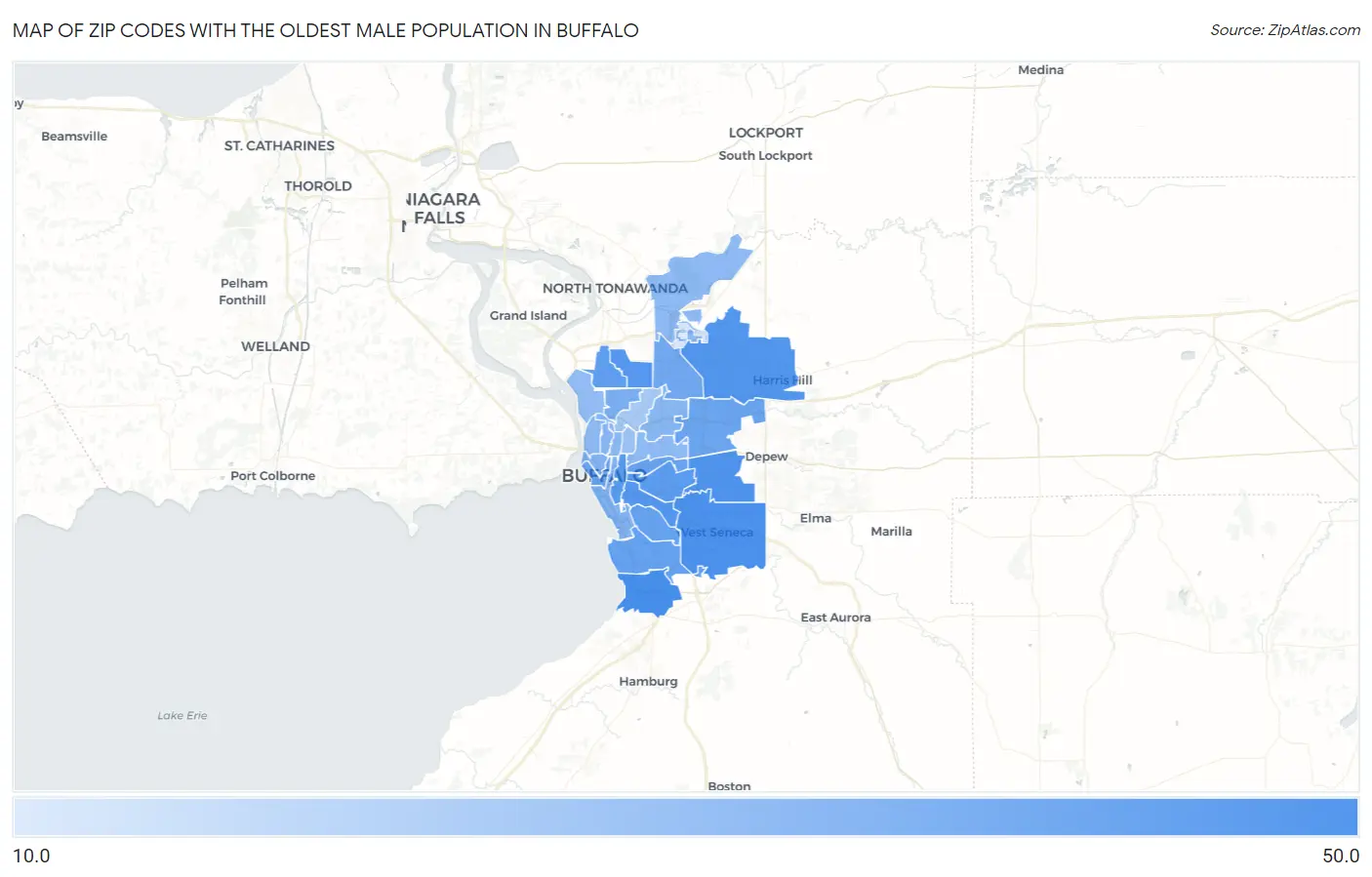 Zip Codes with the Oldest Male Population in Buffalo Map