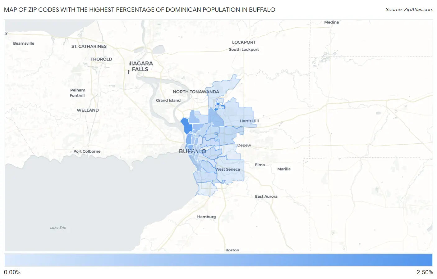 Zip Codes with the Highest Percentage of Dominican Population in Buffalo Map