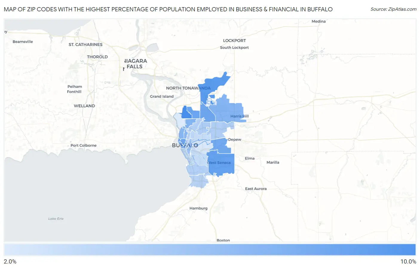 Zip Codes with the Highest Percentage of Population Employed in Business & Financial in Buffalo Map