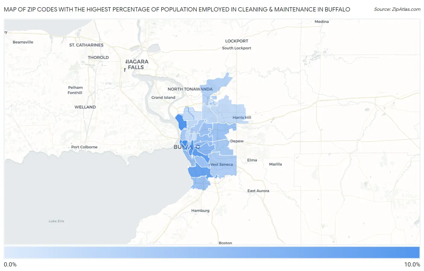 Zip Codes with the Highest Percentage of Population Employed in Cleaning & Maintenance in Buffalo Map