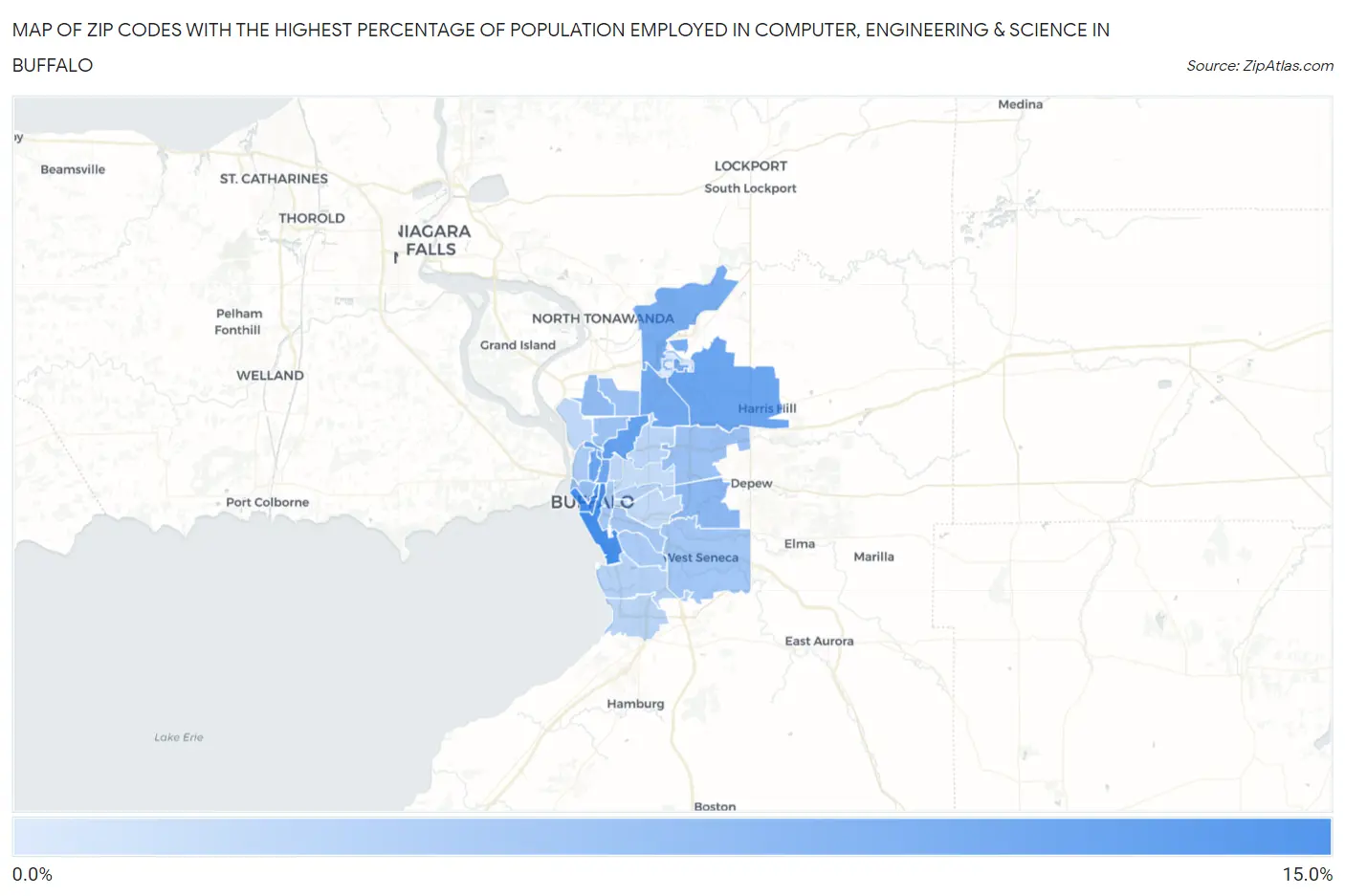 Zip Codes with the Highest Percentage of Population Employed in Computer, Engineering & Science in Buffalo Map