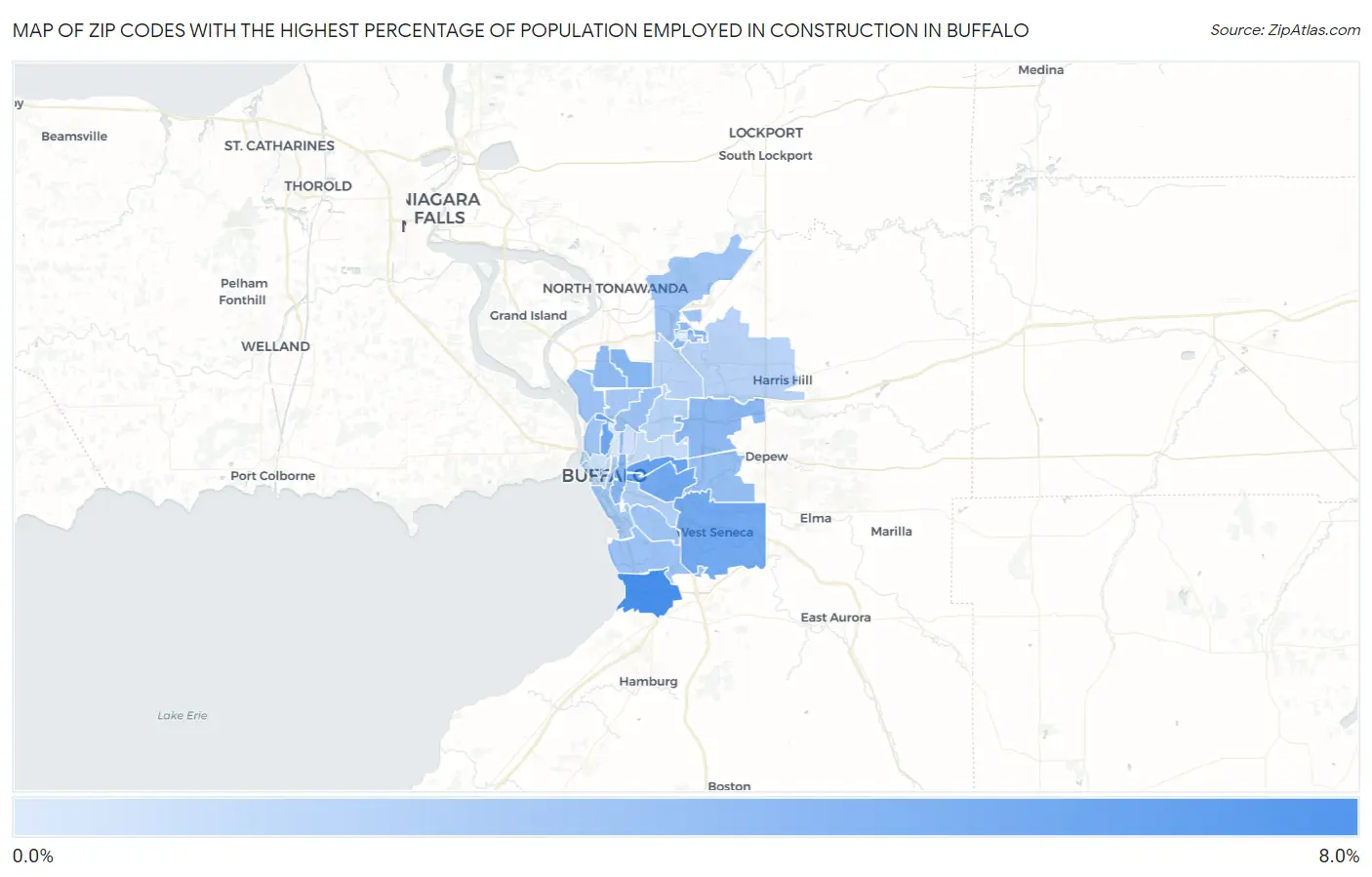 Zip Codes with the Highest Percentage of Population Employed in Construction in Buffalo Map