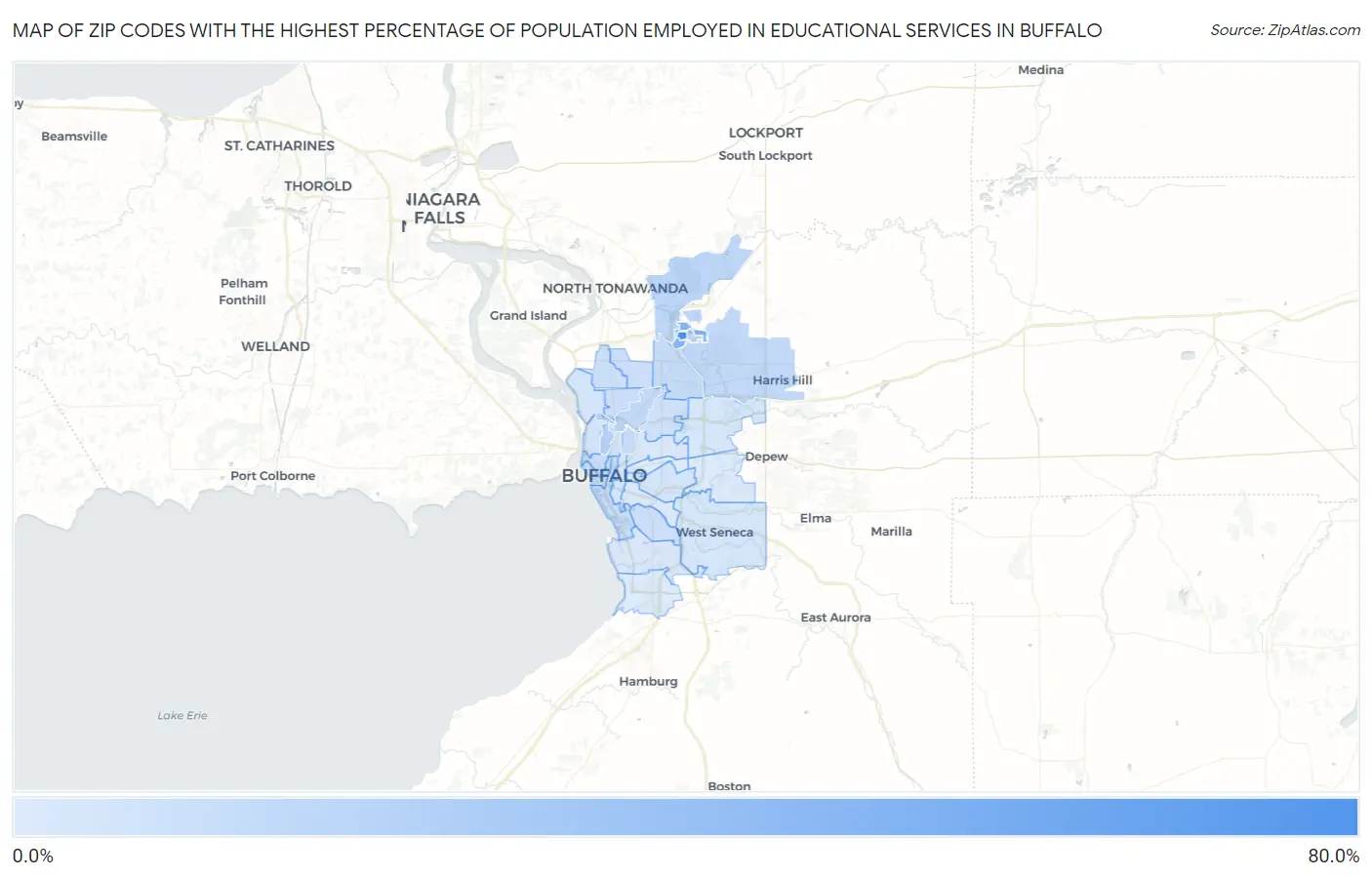 Zip Codes with the Highest Percentage of Population Employed in Educational Services in Buffalo Map