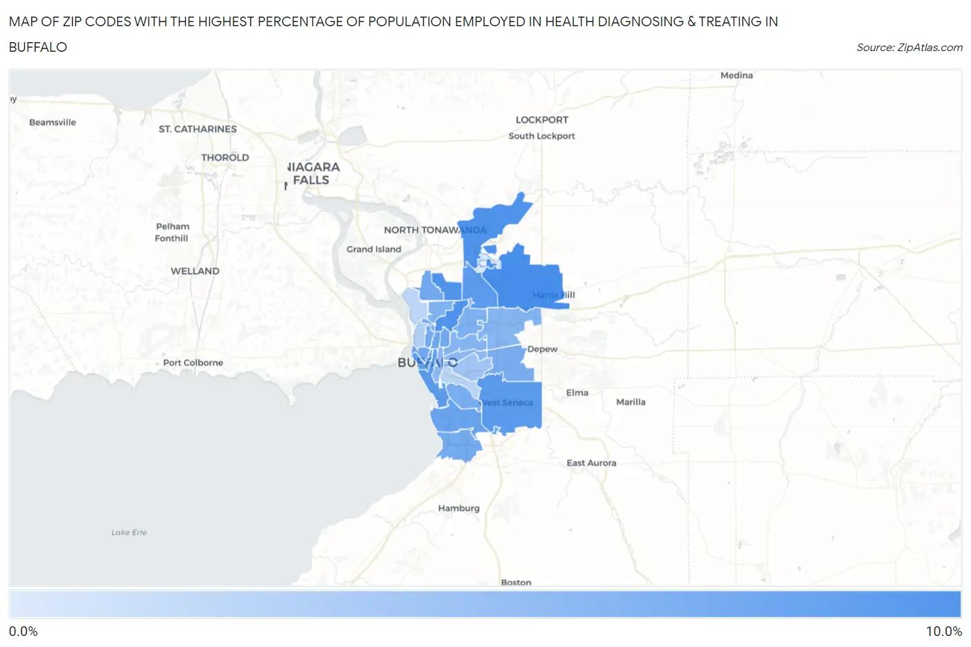 Zip Codes with the Highest Percentage of Population Employed in Health Diagnosing & Treating in Buffalo Map