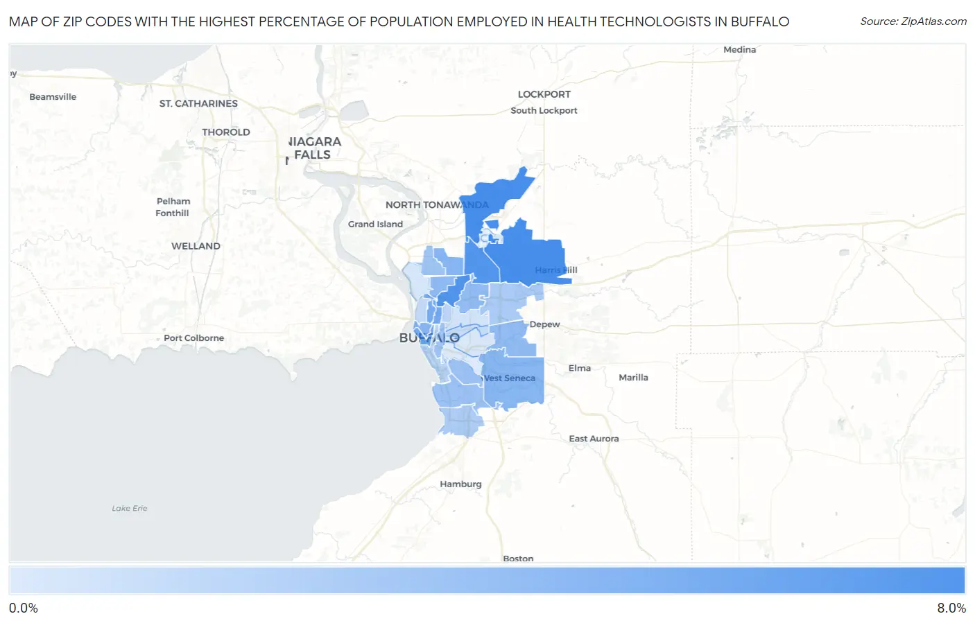 Zip Codes with the Highest Percentage of Population Employed in Health Technologists in Buffalo Map