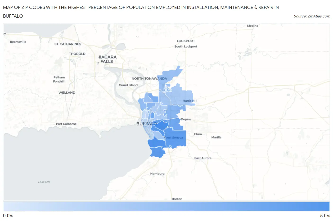 Zip Codes with the Highest Percentage of Population Employed in Installation, Maintenance & Repair in Buffalo Map