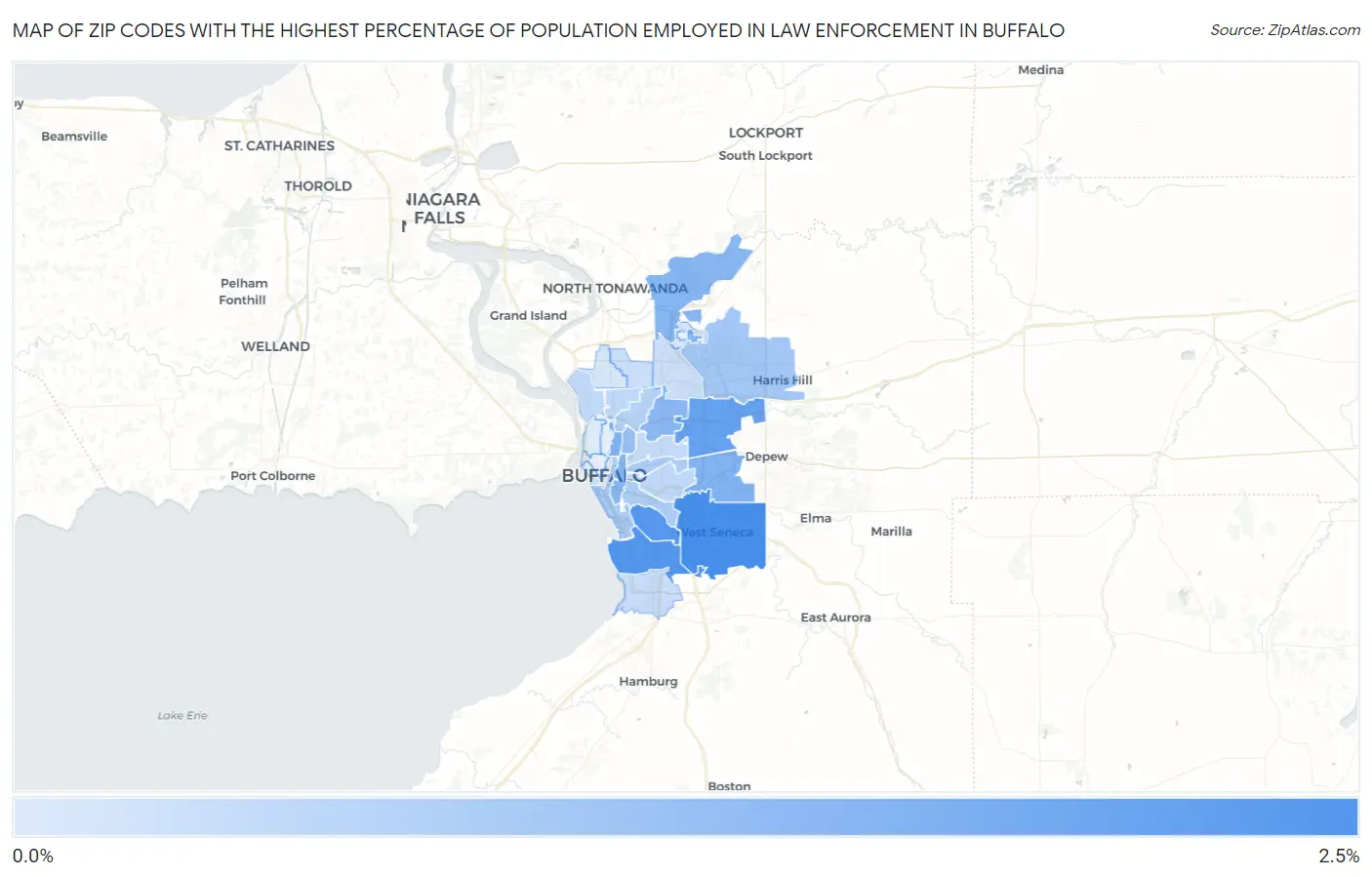 Zip Codes with the Highest Percentage of Population Employed in Law Enforcement in Buffalo Map