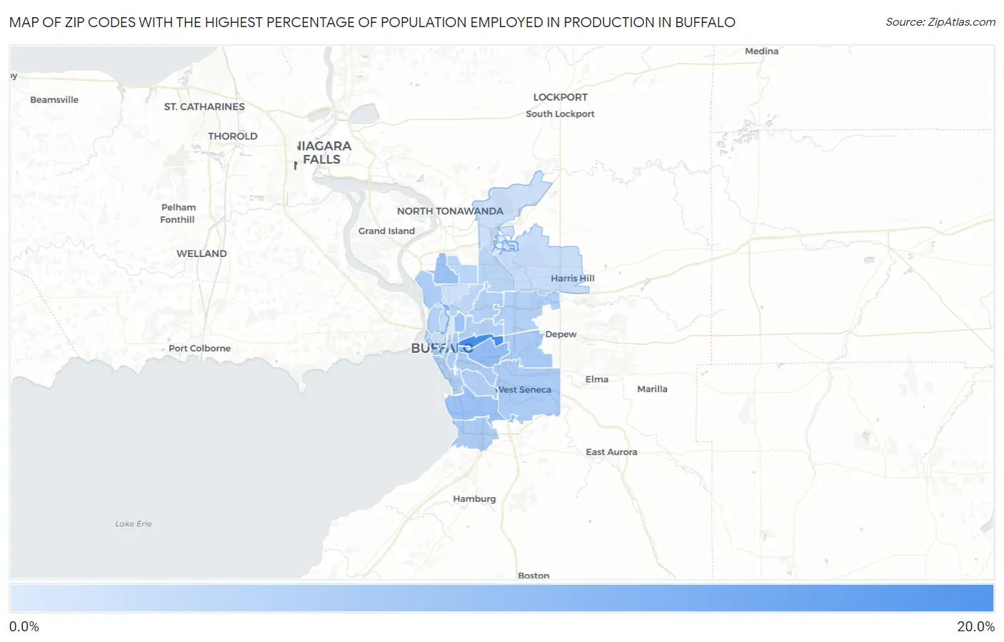 Zip Codes with the Highest Percentage of Population Employed in Production in Buffalo Map