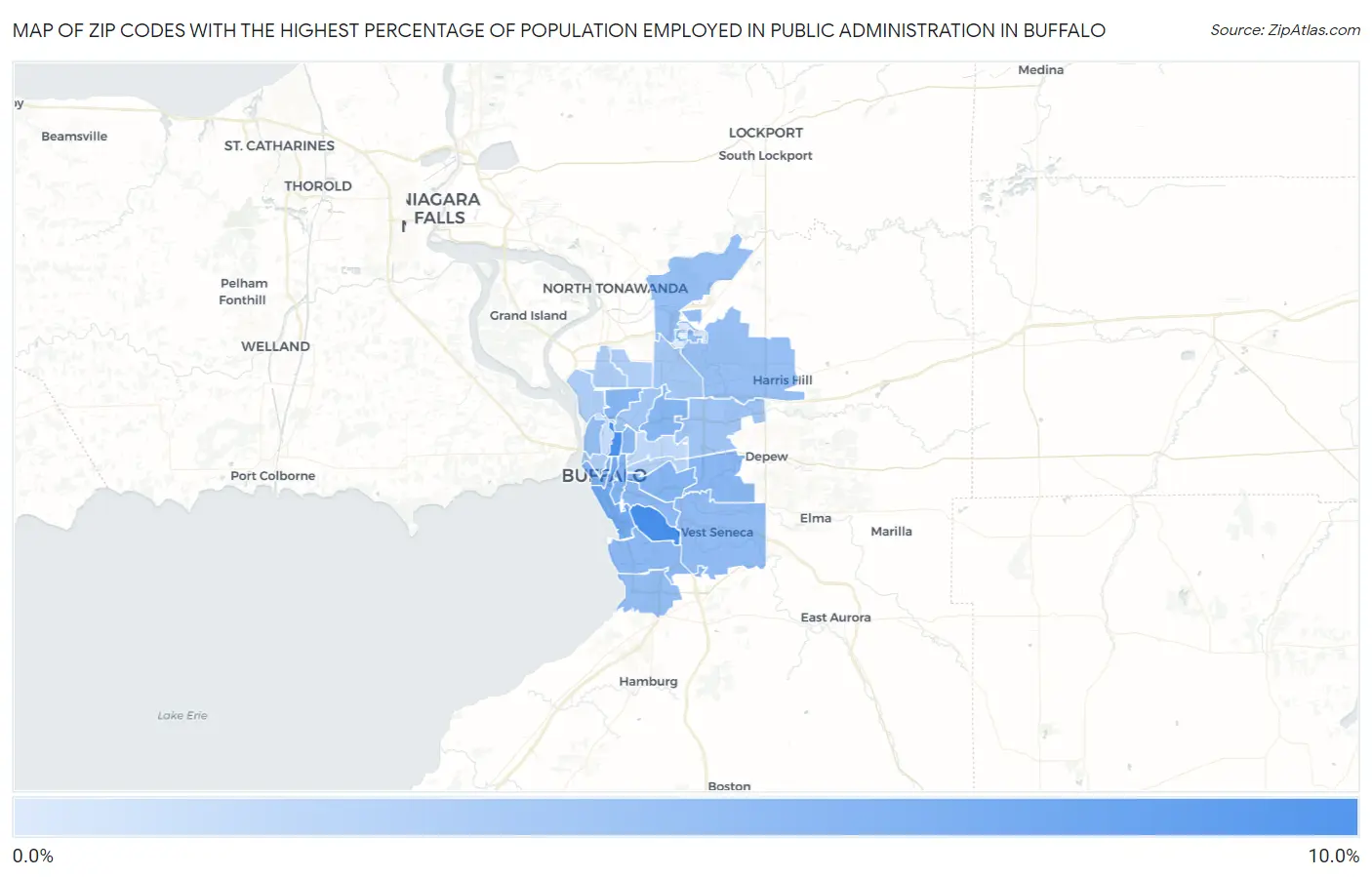 Zip Codes with the Highest Percentage of Population Employed in Public Administration in Buffalo Map