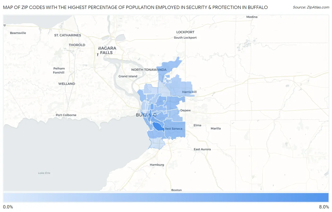 Zip Codes with the Highest Percentage of Population Employed in Security & Protection in Buffalo Map