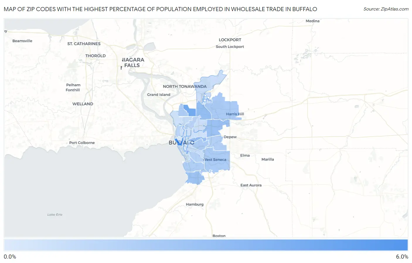Zip Codes with the Highest Percentage of Population Employed in Wholesale Trade in Buffalo Map
