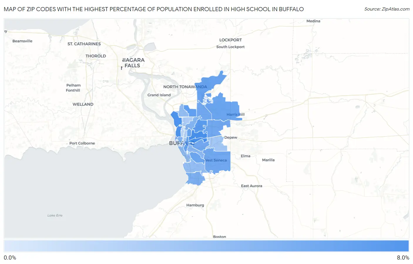 Zip Codes with the Highest Percentage of Population Enrolled in High School in Buffalo Map