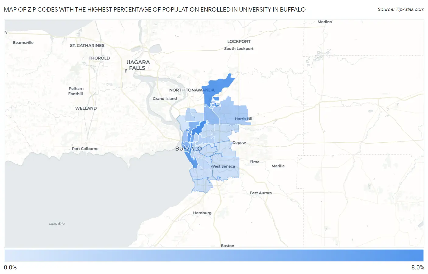 Zip Codes with the Highest Percentage of Population Enrolled in University in Buffalo Map