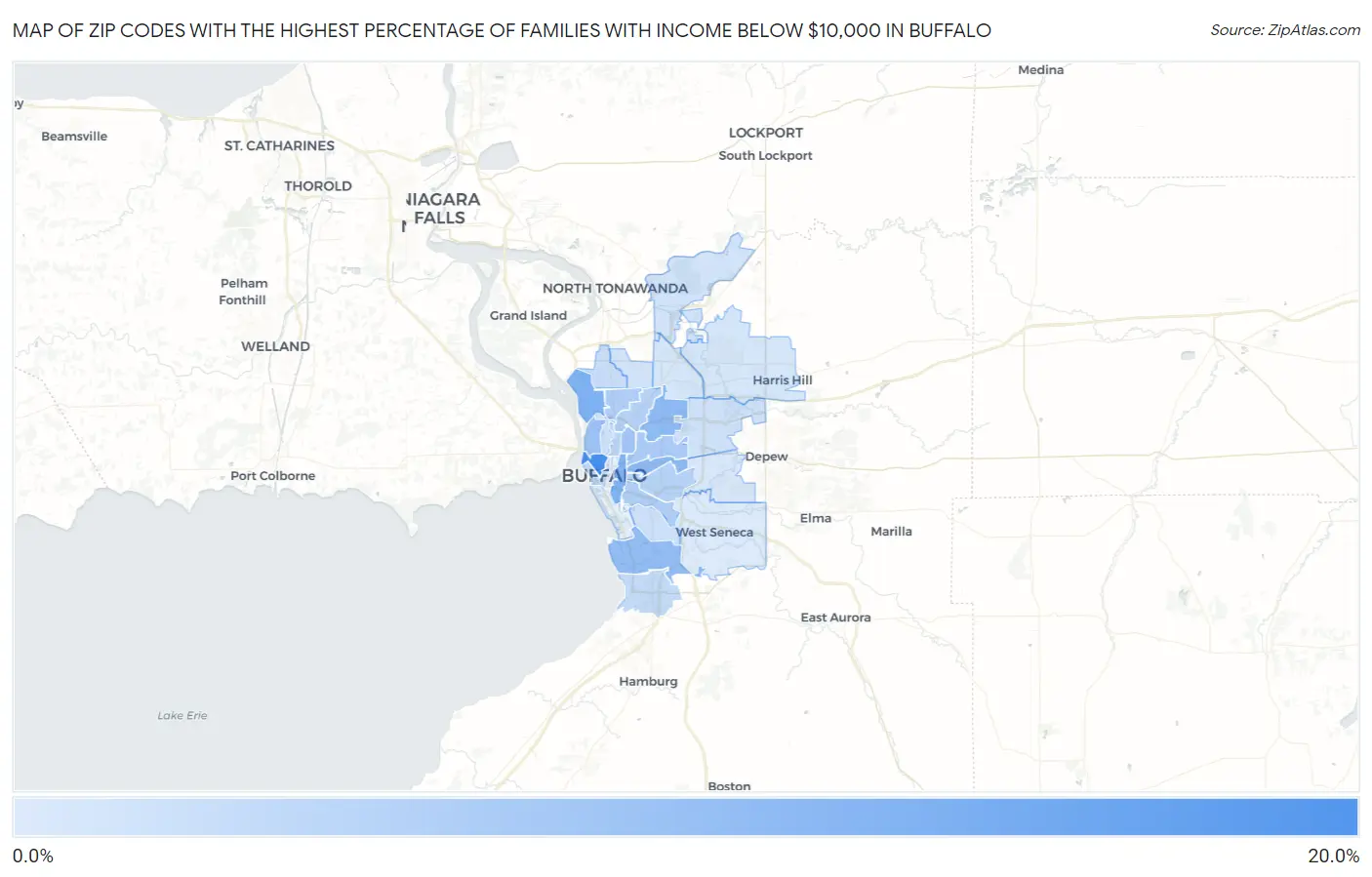 Zip Codes with the Highest Percentage of Families with Income Below $10,000 in Buffalo Map