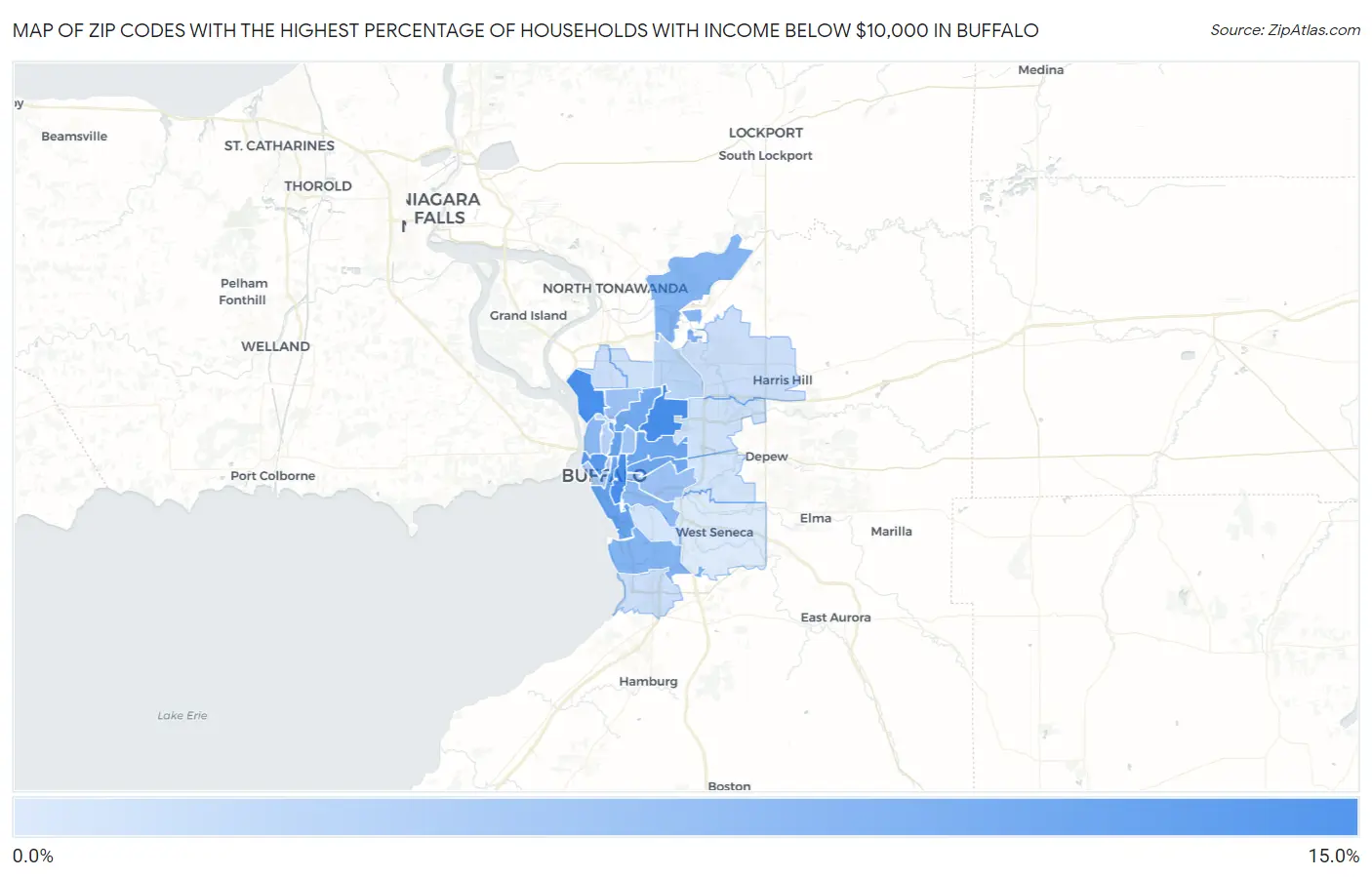 Zip Codes with the Highest Percentage of Households with Income Below $10,000 in Buffalo Map