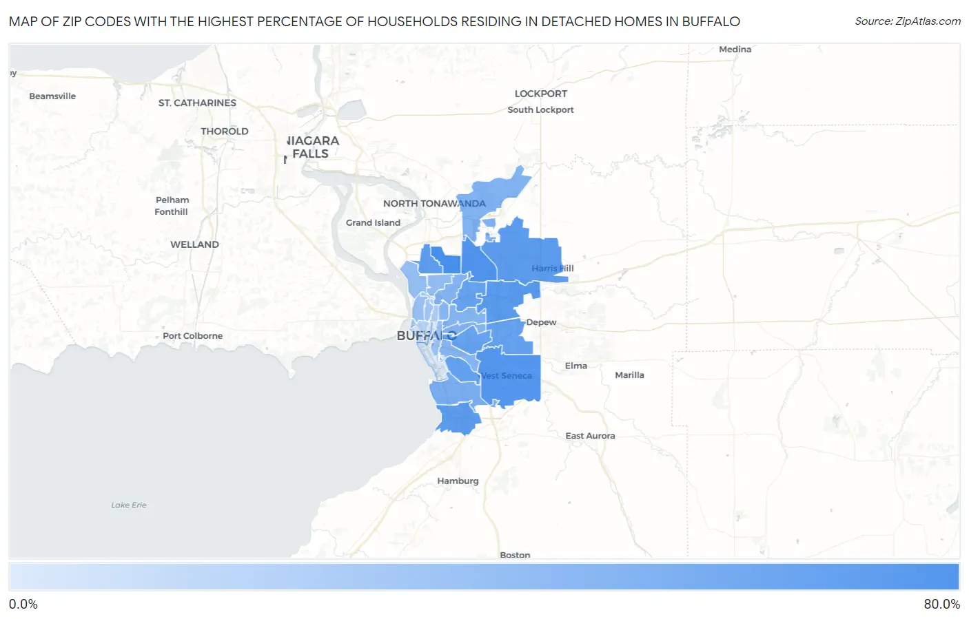 Zip Codes with the Highest Percentage of Households Residing in Detached Homes in Buffalo Map