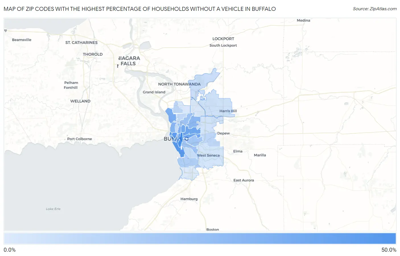 Zip Codes with the Highest Percentage of Households Without a Vehicle in Buffalo Map