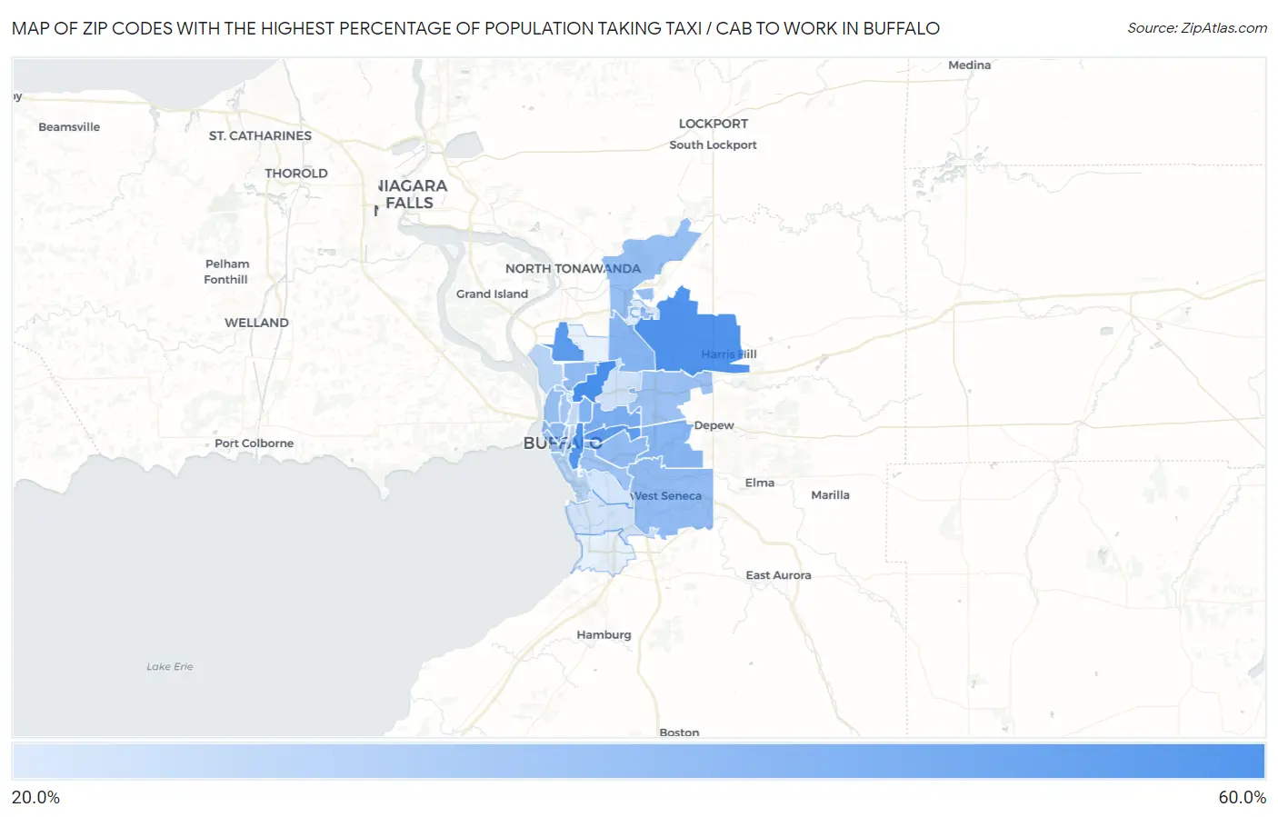 Zip Codes with the Highest Percentage of Population Taking Taxi / Cab to Work in Buffalo Map