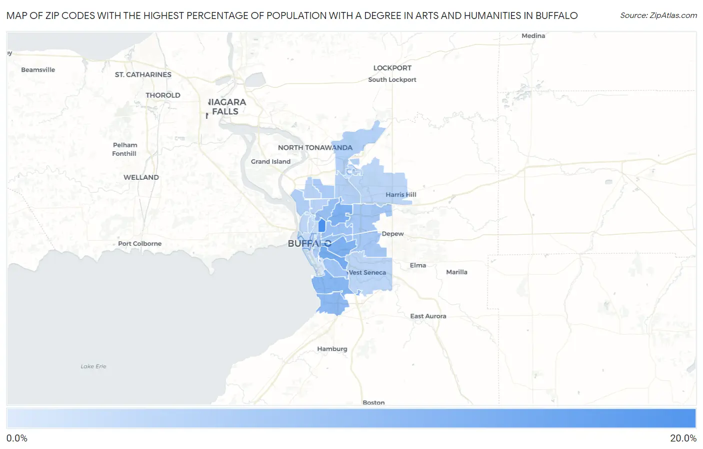 Zip Codes with the Highest Percentage of Population with a Degree in Arts and Humanities in Buffalo Map