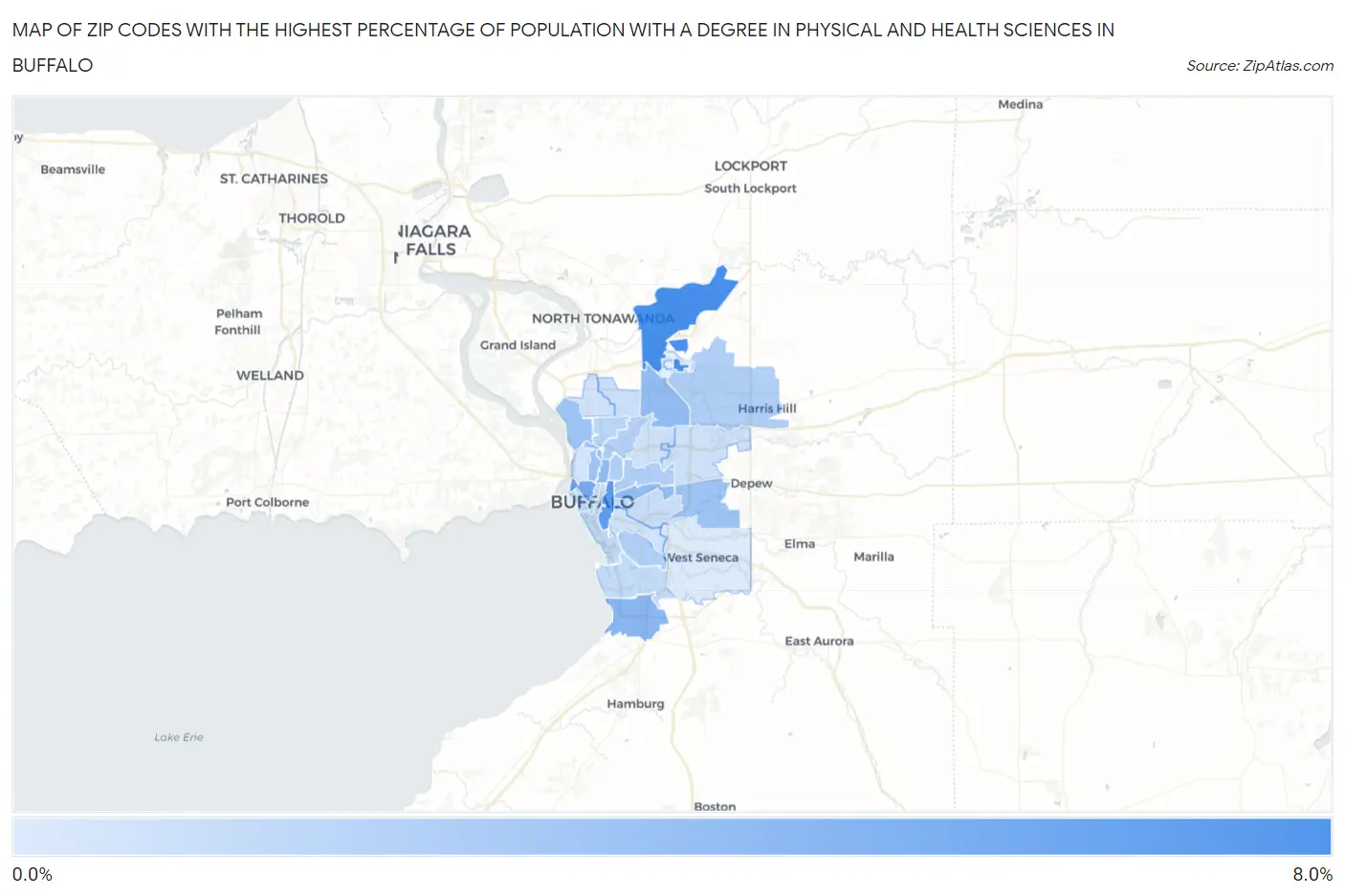 Zip Codes with the Highest Percentage of Population with a Degree in Physical and Health Sciences in Buffalo Map