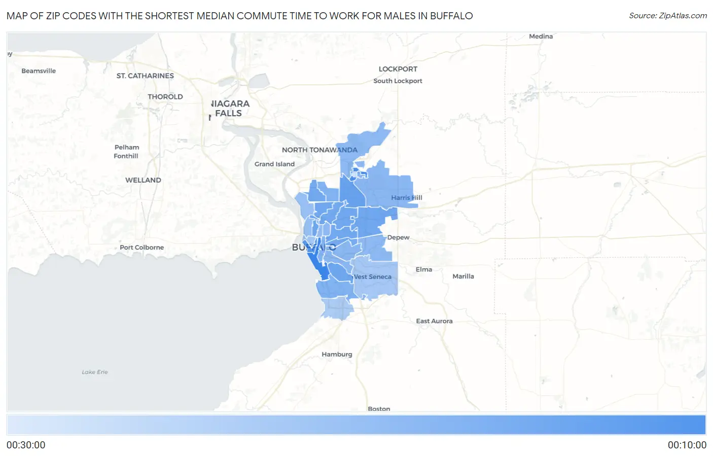 Zip Codes with the Shortest Median Commute Time to Work for Males in Buffalo Map