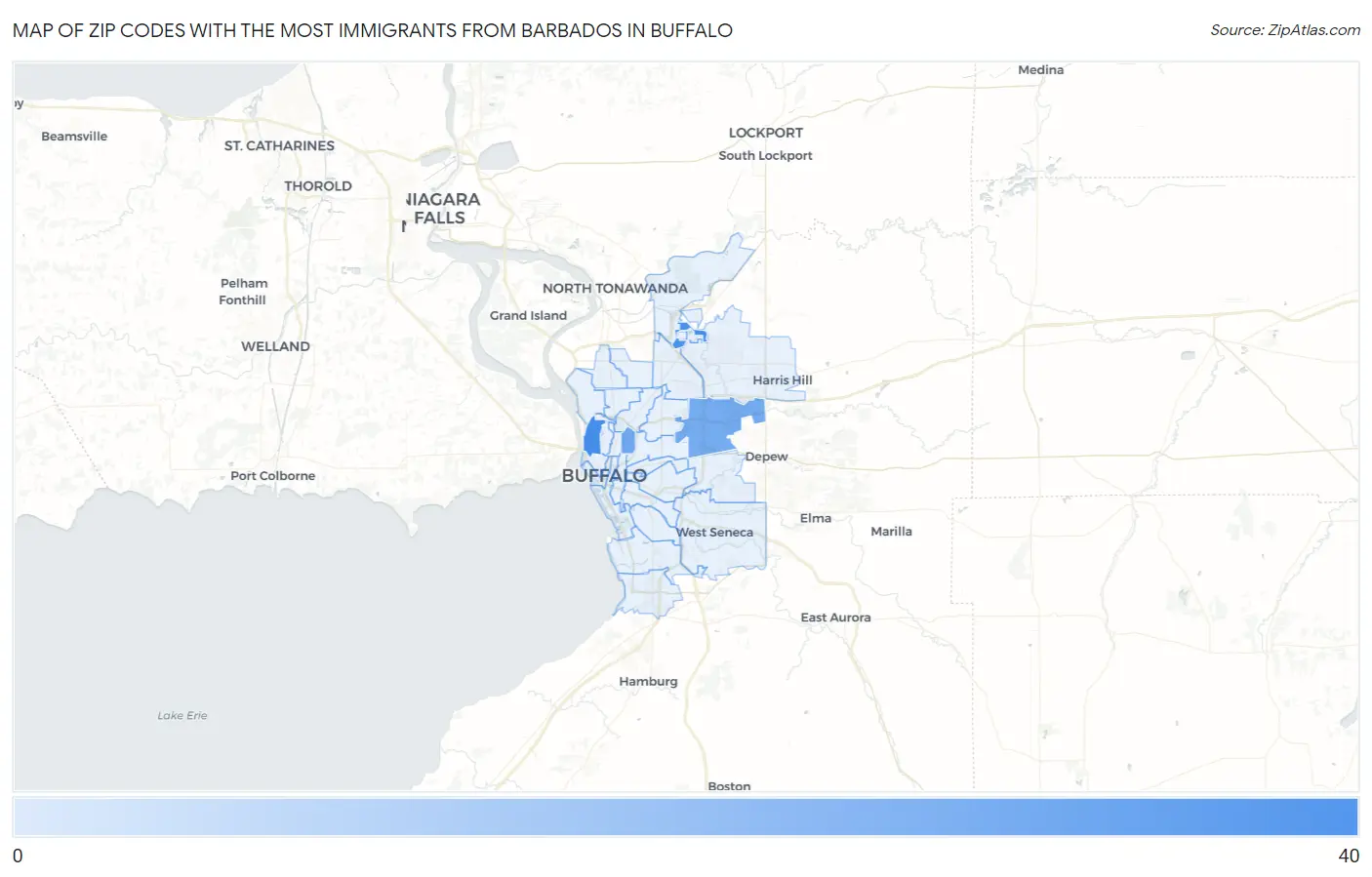 Zip Codes with the Most Immigrants from Barbados in Buffalo Map