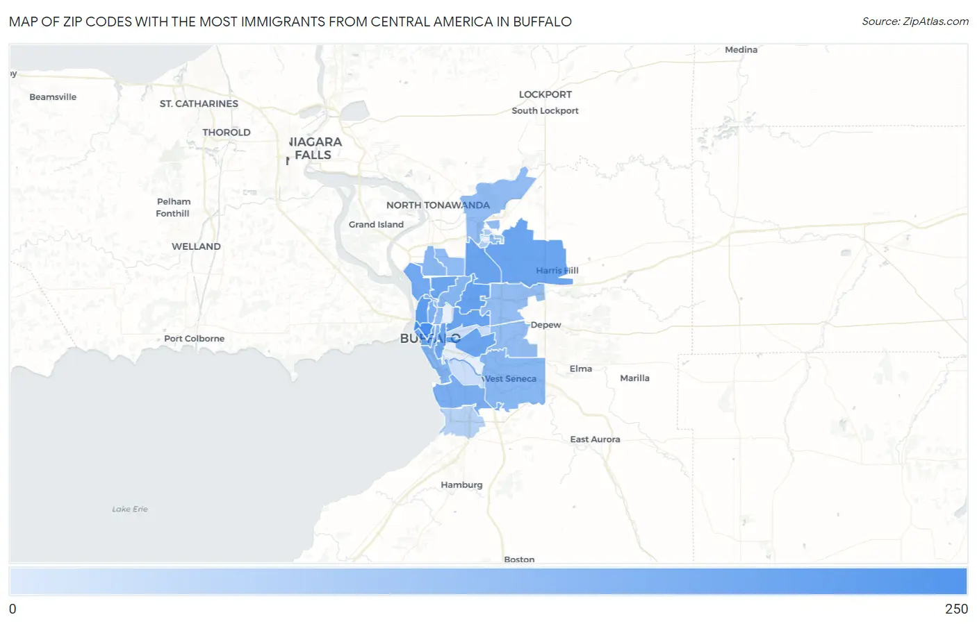 Zip Codes with the Most Immigrants from Central America in Buffalo Map