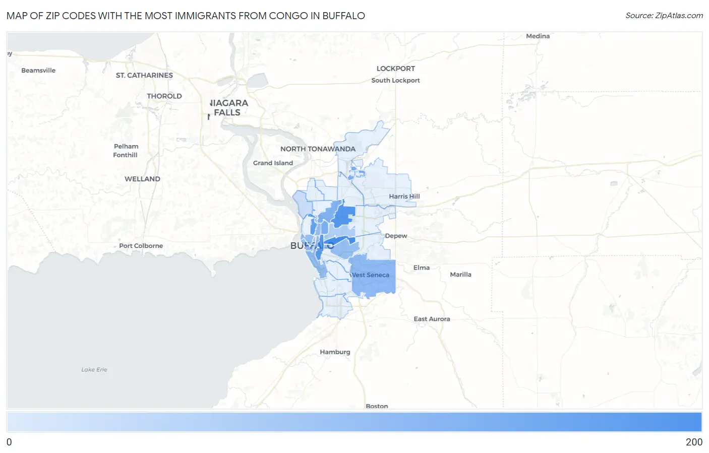 Zip Codes with the Most Immigrants from Congo in Buffalo Map