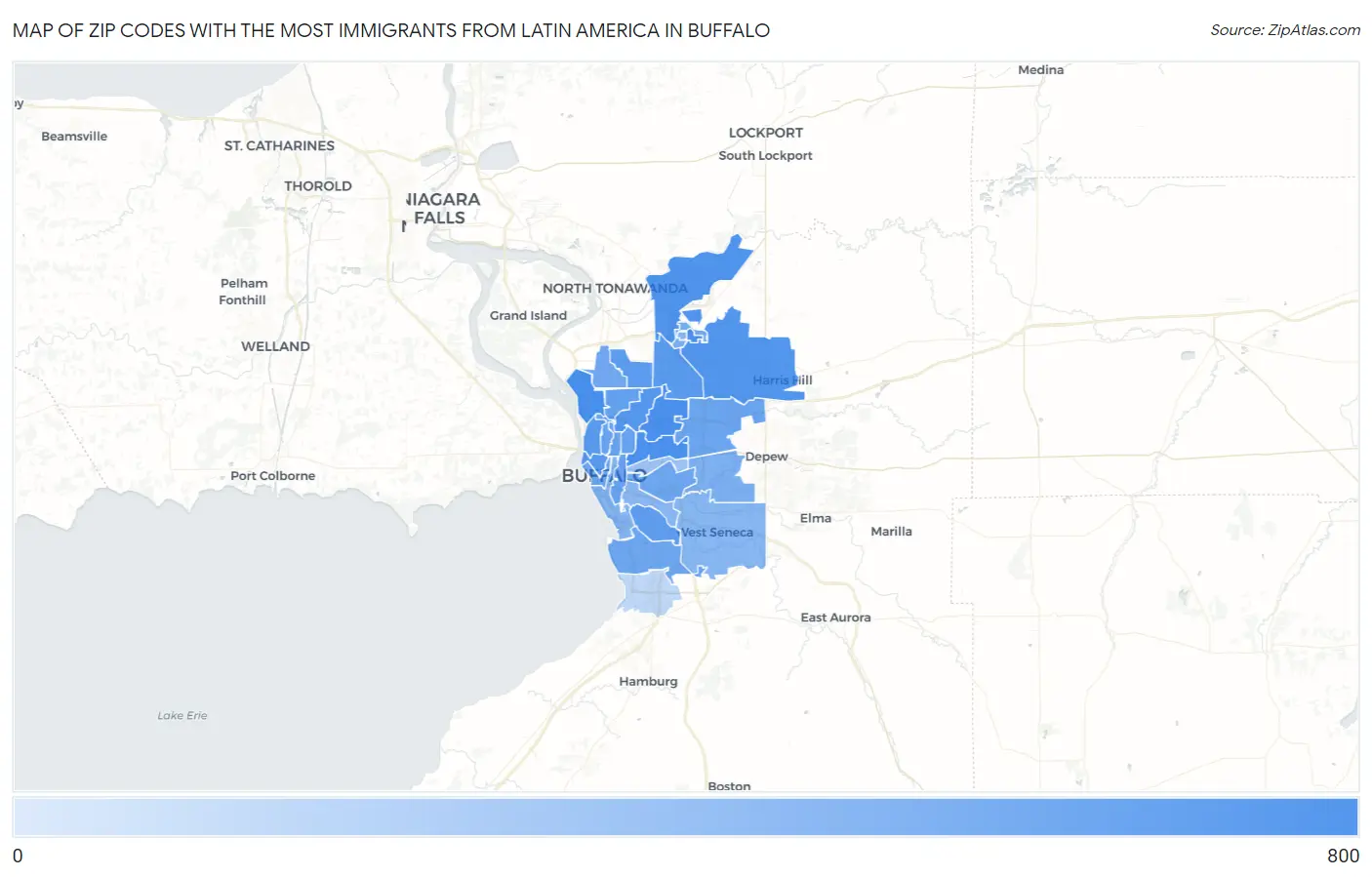 Zip Codes with the Most Immigrants from Latin America in Buffalo Map